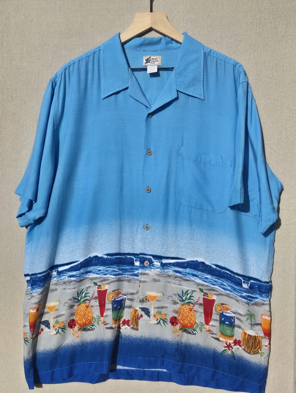 Vintage Hawaiian Shirt Beach Cocktail Print Blue Button Up Mens L XL Tropical